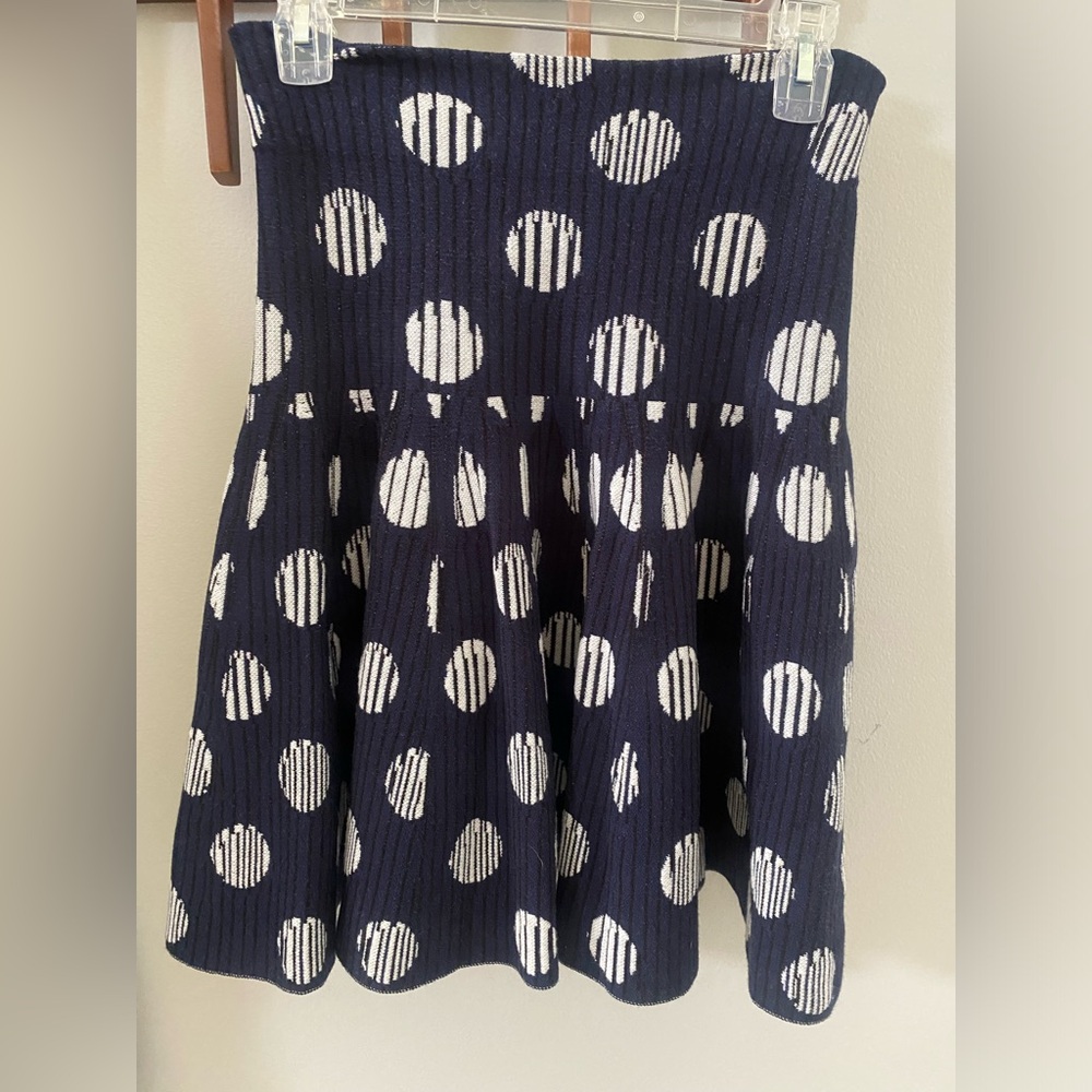Kenzo Navy Pleaded Knit Skirt with large white circles and black accents